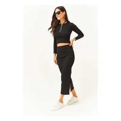 Olalook Women's Black Crew Neck Blouse Slit Skirt Lycra Suit