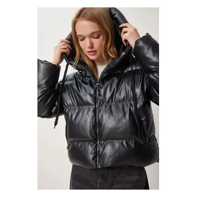 Happiness İstanbul Women's Black Hooded Faux Leather Coat