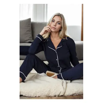 39374 Dewberry Cotton Buttoned Women Pyjama Set-NAVY