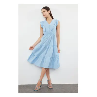 Trendyol Blue Plain Midi Skater Form Ruffle Detailed Woven Dress