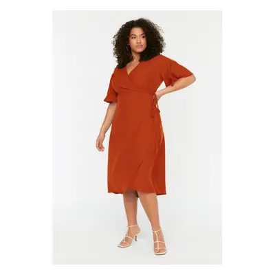 Trendyol Curve Orange Plain Wrap Midi Woven Plus Size Dress