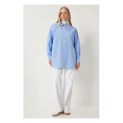 Happiness İstanbul Women's Blue Oversize Long Woven Shirt