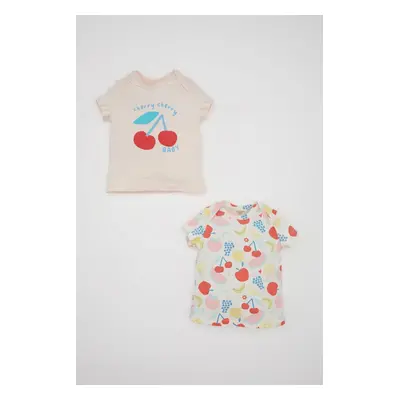 DEFACTO Baby Girl Newborn Envelope Collar Fruit Patterned Combed Cotton Short Sleeve 2-Pack Snap