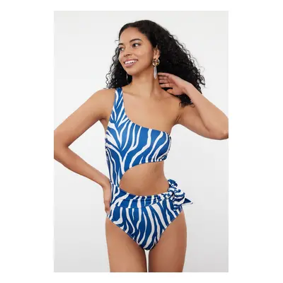 Trendyol Zebra Patterned One Shoulder Cut Out/Windowed Regular Swimsuit