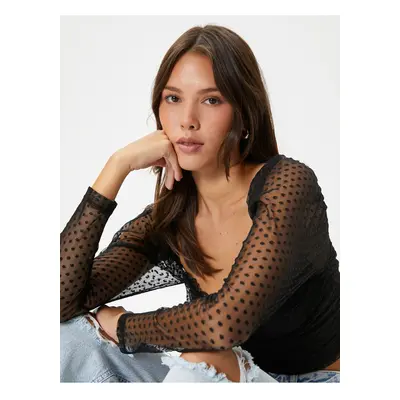 Koton Crop Lace Blouse Square Neck Draped Slim Fit