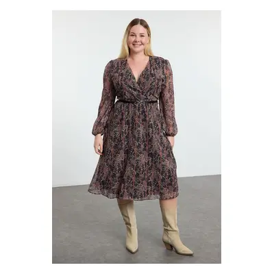 Trendyol Curve Brown Floral Belted A-Line Midi Double Breasted Patterned Chiffon Woven Dress