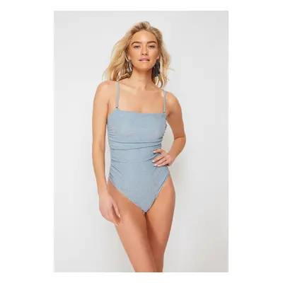 Trendyol Blue Strapless Draped Silvery High Leg Regular Swimsuit