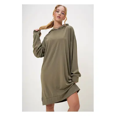 Trend Alaçatı Stili Women's Khaki Hooded Sweatshirt Dress