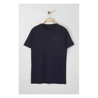 Trendyol Navy Blue Oversize/Wide Cut Crew Neck Pocket with Script Embroidery 100% Cotton T-Shirt