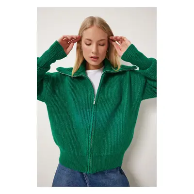 Happiness İstanbul Women's Green Zipper Collar Knitwear Cardigan