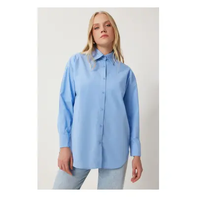 Happiness İstanbul Women's Blue Cotton Oversize Long Shirt