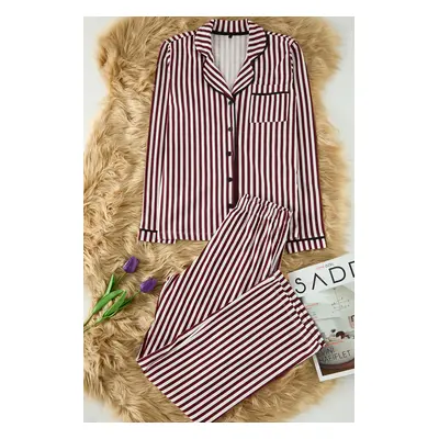 Trendyol Claret Red 100% Cotton Striped Piping Detailed Knitted Pajama Set