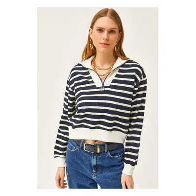 Olalook Women's Dark Navy High Collar Striped Crop Sweatshirt