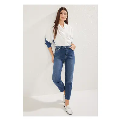 Trendyol Dark Blue Trousers Cutout Normal Waist Comfort Mom Jeans