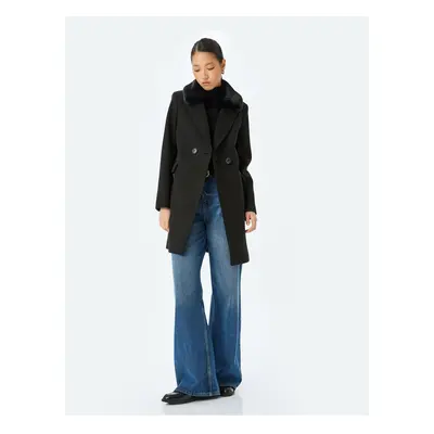 Koton Double Breasted Long Coat with Pocket and Buttons and Detachable Faux Für Collar