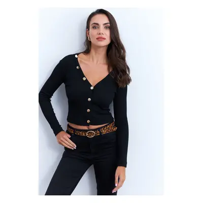 Cool & Sexy Women's Black Buttoned Short Cardigan