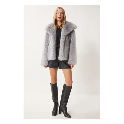 Happiness İstanbul Women's Gray Wide Collar Faux Fur Jacket