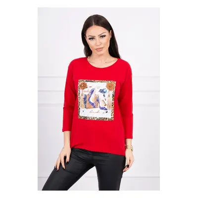 Blouse with 3D graphics and decorative pom pom red