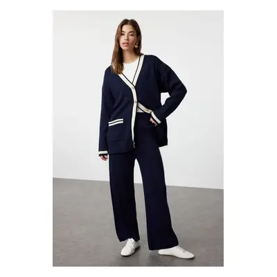 Trendyol Navy Blue Color Block Gold Buttoned Pocket Cardigan-Trousers Knitwear Bottom-Top Set