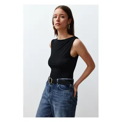 Trendyol Black Gathered Detailed Boat Neck Flexible Snaps Knitted Bodysuit