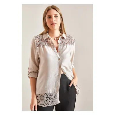 Bianco Lucci Women's Lace Patterned Fold Sleeve Shirt