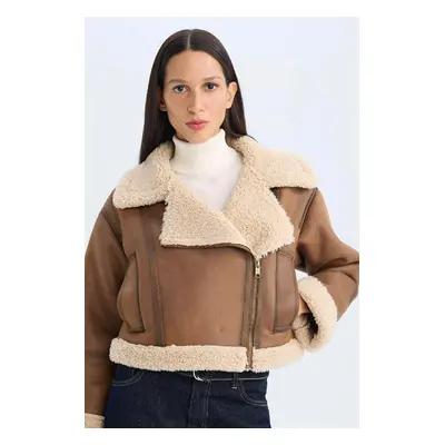 DEFACTO Double Breasted Zipper Closure Pocket Seasonal Plush Lined Jacket Coat