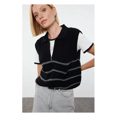 Trendyol Black Zippered Striped Polo Neck Knit Sweater