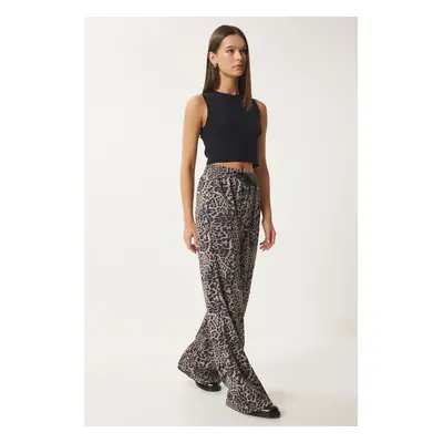 Happiness İstanbul Women's Mink Black Leopard Patterned Glittery Knitted Sweatpants