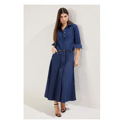 Trendyol Dark Blue Flounce Skirt Maxi Denim Shirt Dress