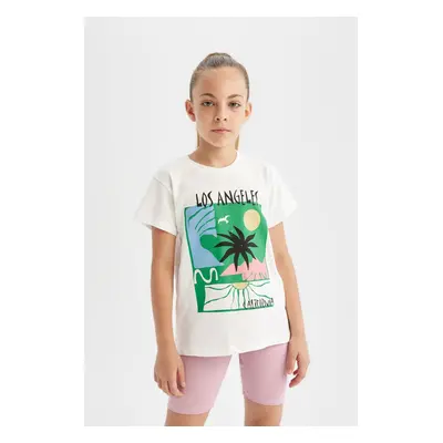 DEFACTO Girl's Crew Neck Printed Short Sleeve T-Shirt