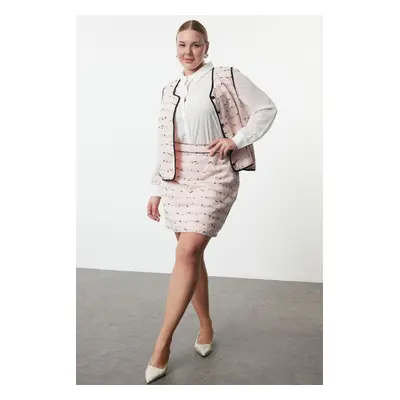 Trendyol Curve Pink Tweed Black Piping Plus Size Skirt