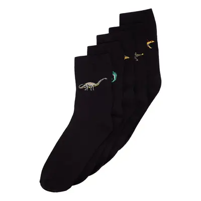 Trendyol 5-Pack Black Cotton Dinosaur Patterned Socket-Long Socks