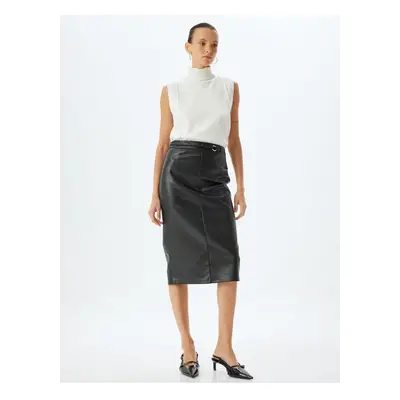 Koton Faux Leather Skirt Midi Length Pencil Form Slit Belt Detail