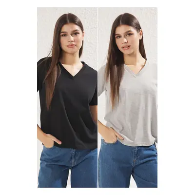 Trendyol Grey Melange- Black 2-Pack Regular Fit Basic V Neck Knitted T-Shirt