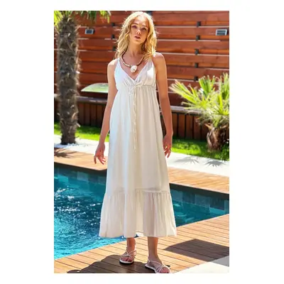 Trend Alaçatı Stili Women's Cream Strappy, Lined, Flounced Skirt, Linen Woven Dress