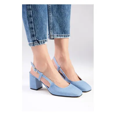 Mio Gusto Belinda Blue Color Open Back Denim Fabric Blunt Toe Women's Heeled Jeans Shoes