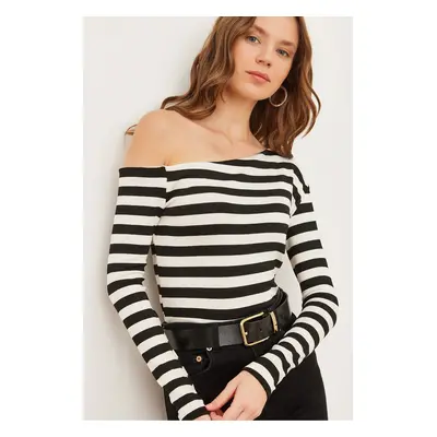 Olalook Women's Thick Striped Black Striped Premium Soft Touch Boat Neck Flexible Blouse