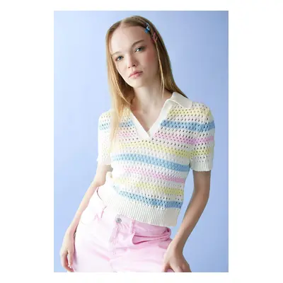 DEFACTO Cool Polo Collar Colorful Crochet Short Sleeve Knitted T-Shirt