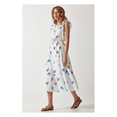 Happiness İstanbul Women's White Floral Belted Ruffle Detailed Summer Dress