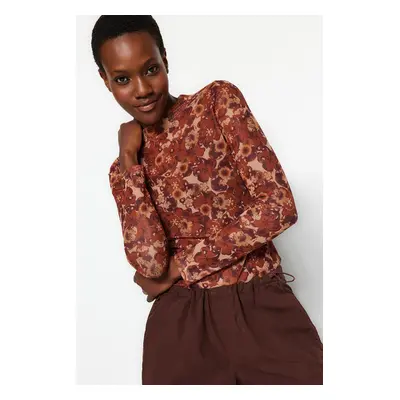 Trendyol Brown High Neck Printed Fitted/Situated Tulle Knitted Blouse