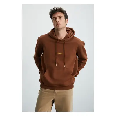 GRIMELANGE EPIC Men's Soft Fabric Embroidered Detailed Hooded Cord Regular Bitter Coffee Sweatsh