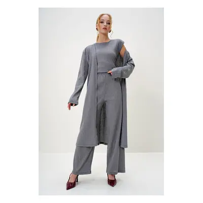 Trend Alaçatı Stili Women's Gray Shoulder Padded Bike Neck Blouse Trousers and Cardigan Set Suit