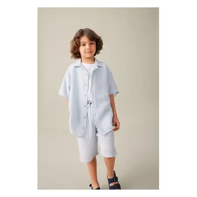 DEFACTO Boy's Oversize Fit Polo Neck Muslin Short Sleeve Shirt