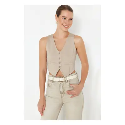 Trendyol Mink Button Detailed V-Neck Crop Regular/Normal Cut Flexible Knitted Vest