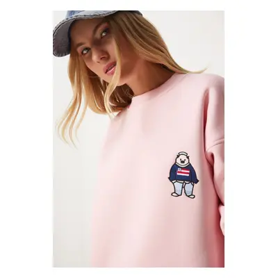 Happiness İstanbul Women's Pink Embroidered Crest Raised Oversize Sweatshirt