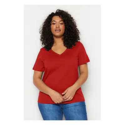 Trendyol Curve Red V Neck Basic Knitted T-Shirt