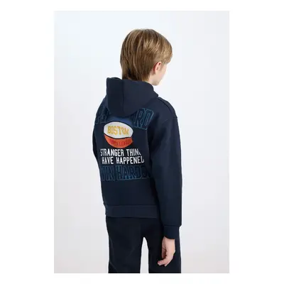 DEFACTO Boy Navy Blue Hooded Back Printed Thick Sweatshirt