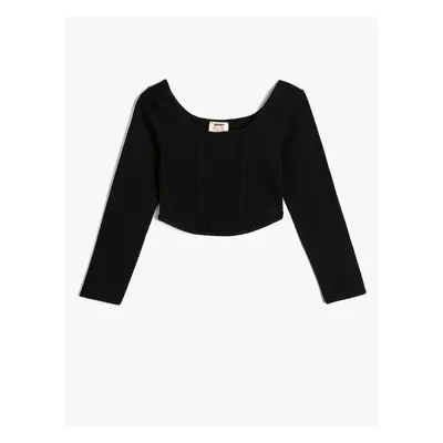 Koton Crop T-Shirt Long Sleeve Round Neck Stitching Detailed Cotton