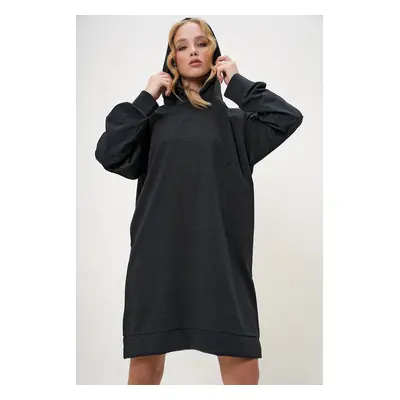 Trend Alaçatı Stili Women's Anthracite Hooded Sweatshirt Dress