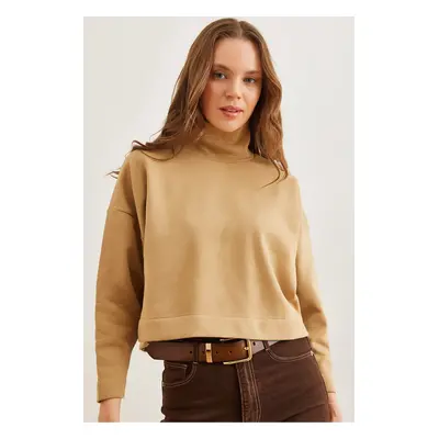 Olalook Women's Beige Stand Collar Batwing Crop Raised Sweatshirt